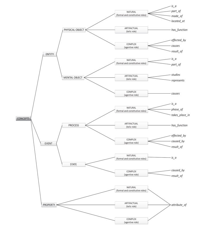 Figura 11. Combinación de la tipología de conceptos y las relaciones conceptuales con los roles de qualia (León Araúz, Faber y Montero Martínez 2012: 149)
